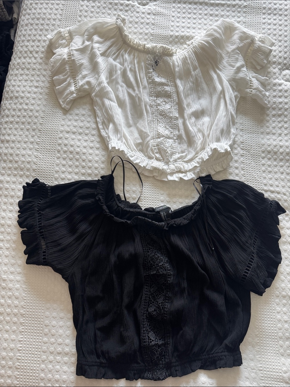 Forever 21 White and Black Off-Shoulder Crochet-Front Crop Tops (2-Pack)
